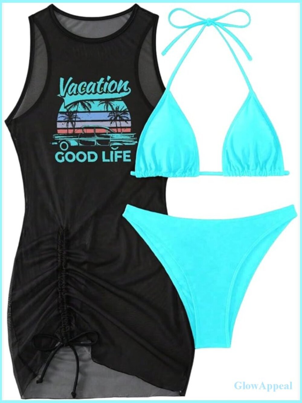 3 Piece Triangle Halter Bikini Set with Mesh Cover Up Dress
